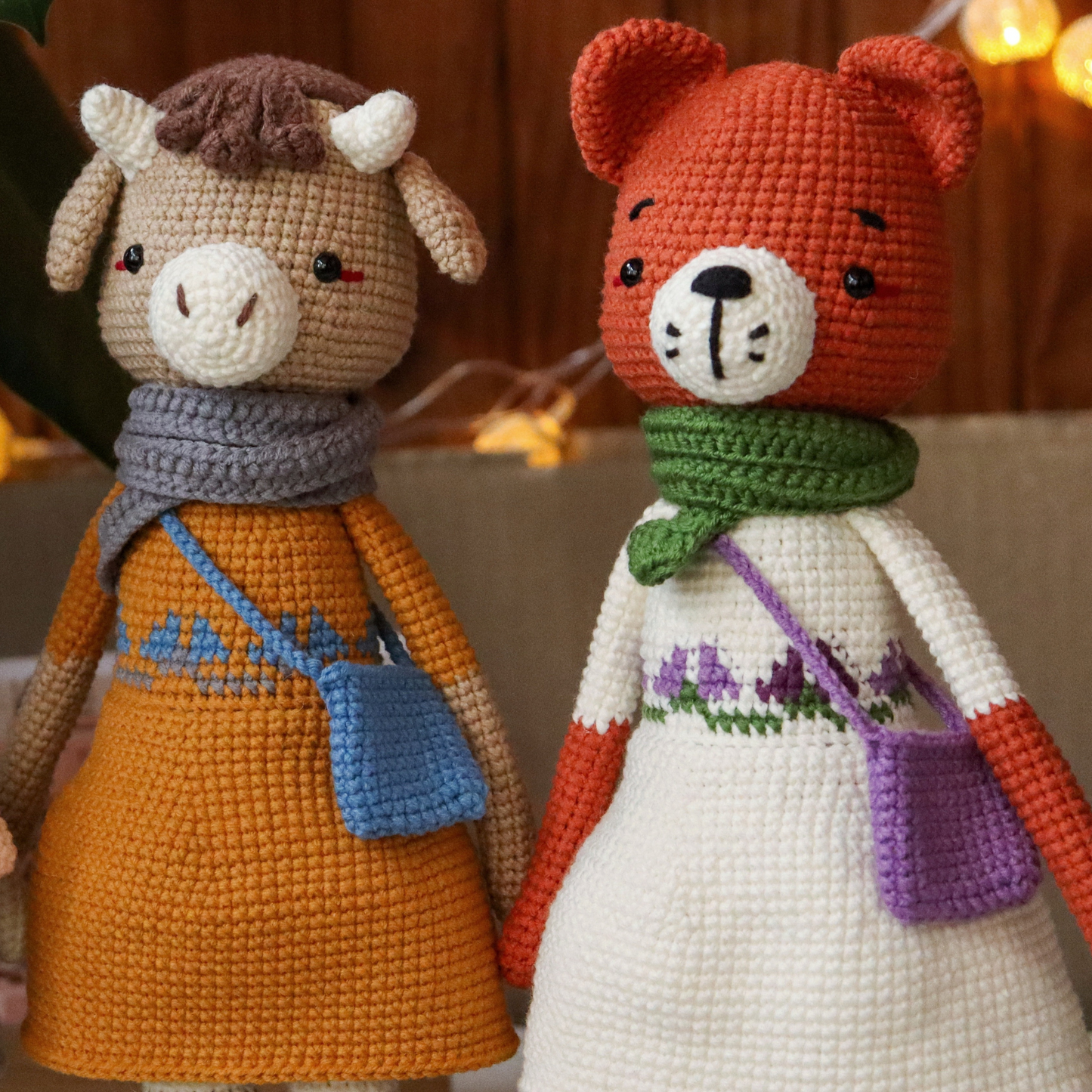 Crochet pattern set 3in1: fox, panda and cow, crochet doll pattern