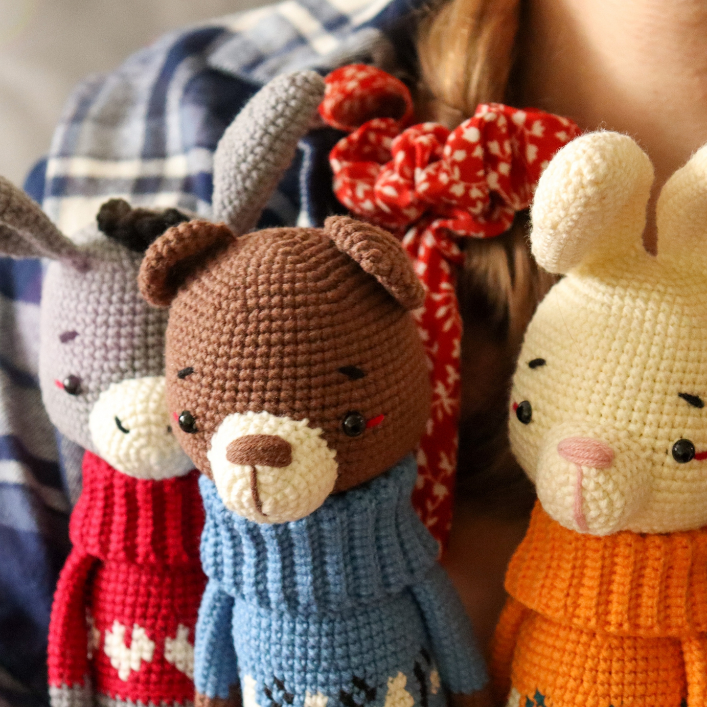 Crochet patterns Friends+Girls Set: Rabbit, Bear, Donkey and Fox, Panda, Cow crochet dolls