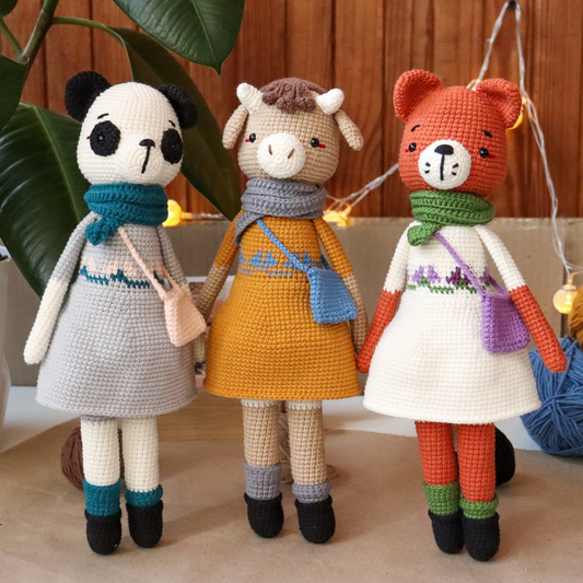 Crochet pattern set 3in1: fox, panda and cow, crochet doll pattern