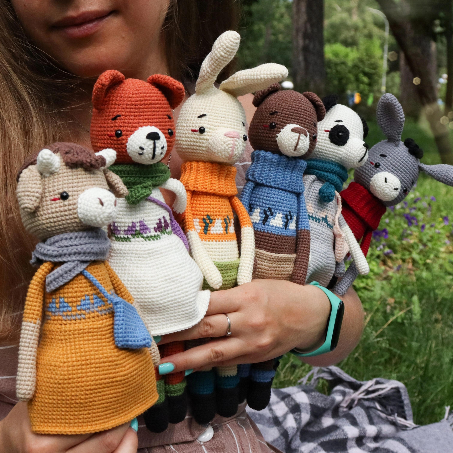 Crochet patterns Friends+Girls Set: Rabbit, Bear, Donkey and Fox, Panda, Cow crochet dolls