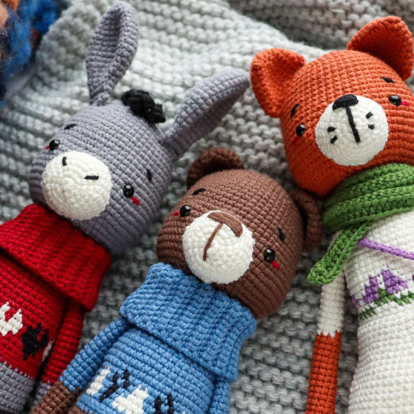 Crochet patterns Friends+Girls Set: Rabbit, Bear, Donkey and Fox, Panda, Cow crochet dolls