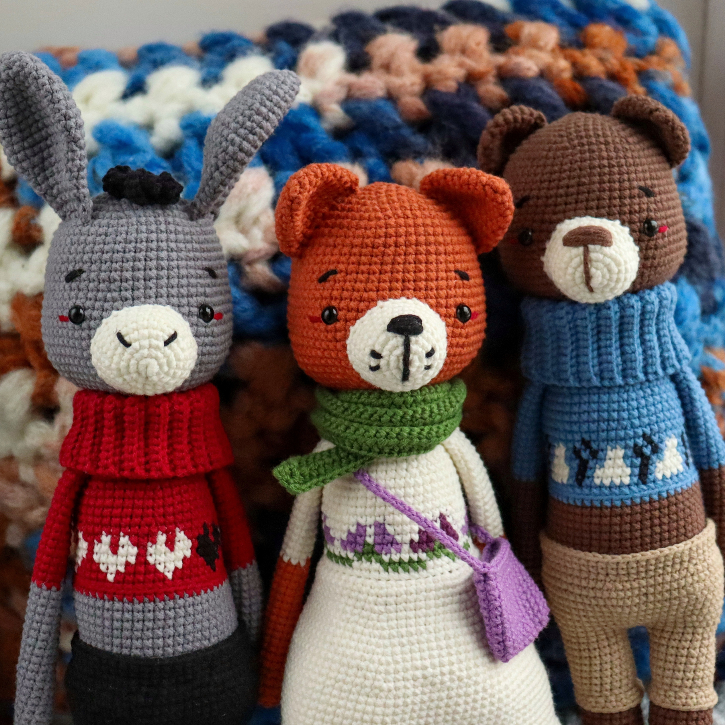 Crochet patterns Friends+Girls Set: Rabbit, Bear, Donkey and Fox, Panda, Cow crochet dolls