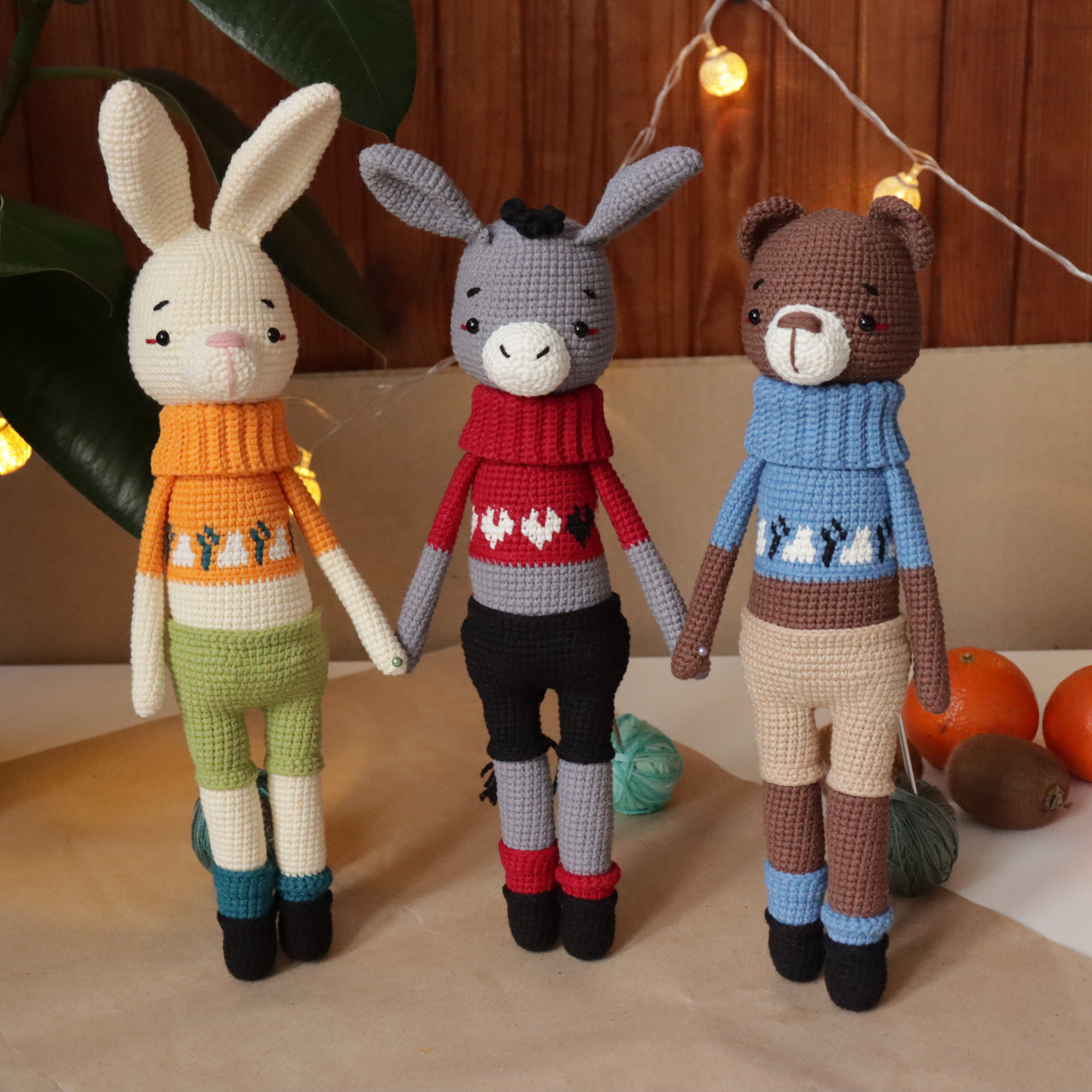 Crochet patterns Friends+Girls Set: Rabbit, Bear, Donkey and Fox, Panda, Cow crochet dolls