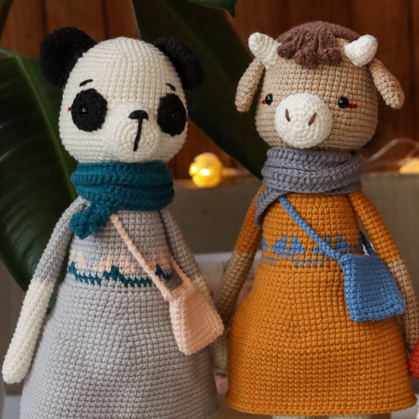 Crochet pattern set 3in1: fox, panda and cow, crochet doll pattern